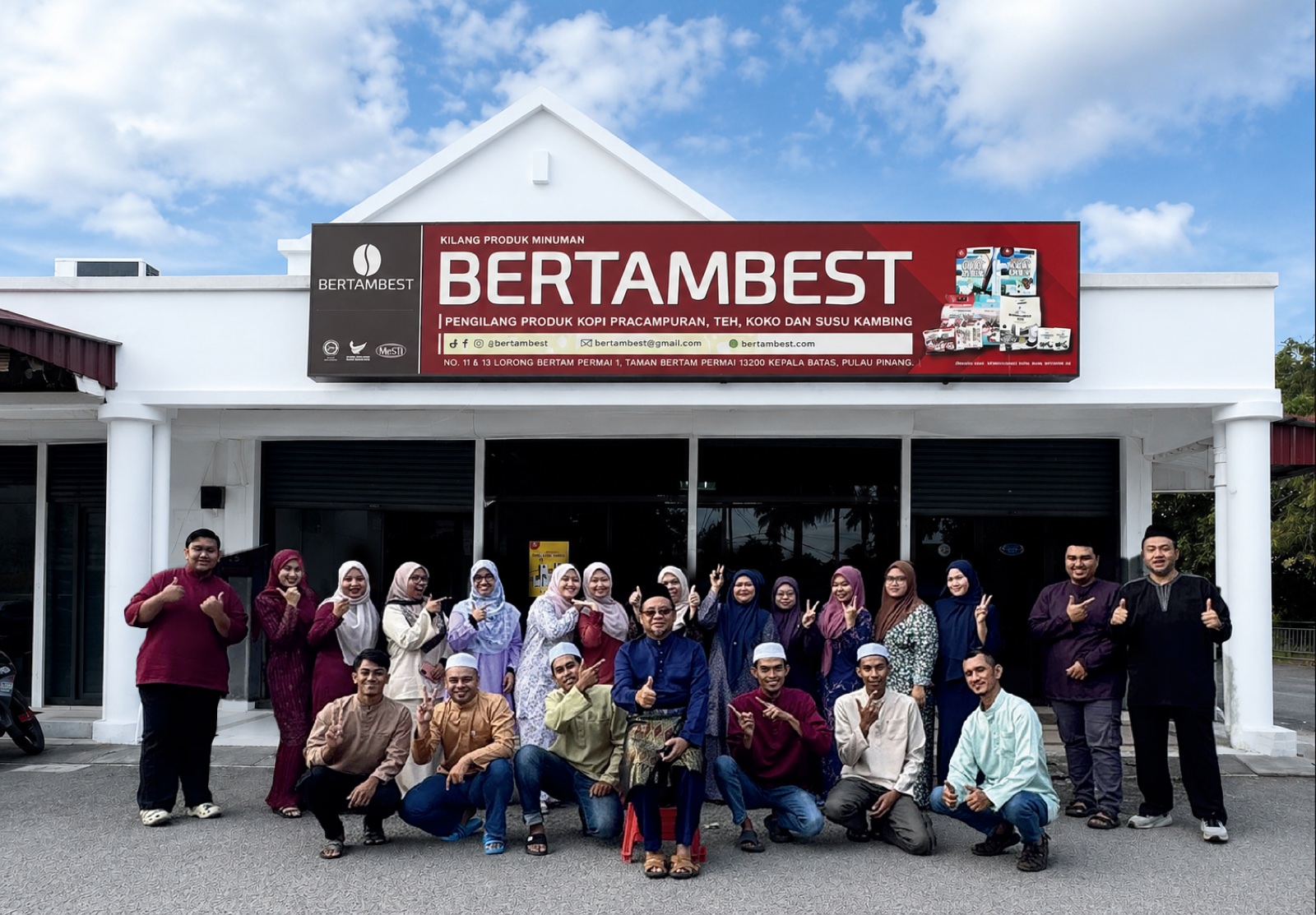 The full BERTAMBEST team gathered in front of their manufacturing facility in Kepala Batas, Penang